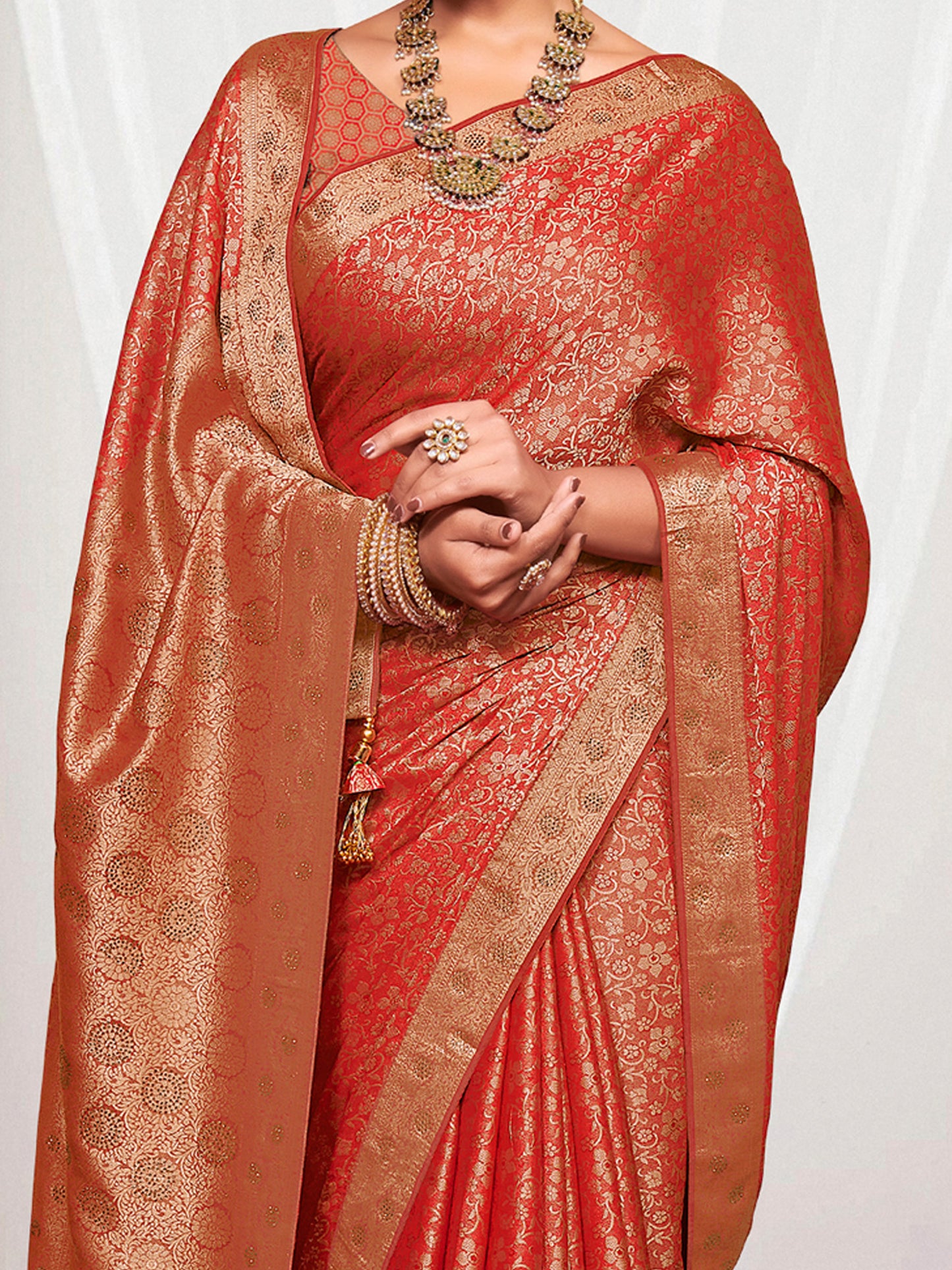 Women's Pure Silk Orange Woven Design Designer Saree With Blouse Piece