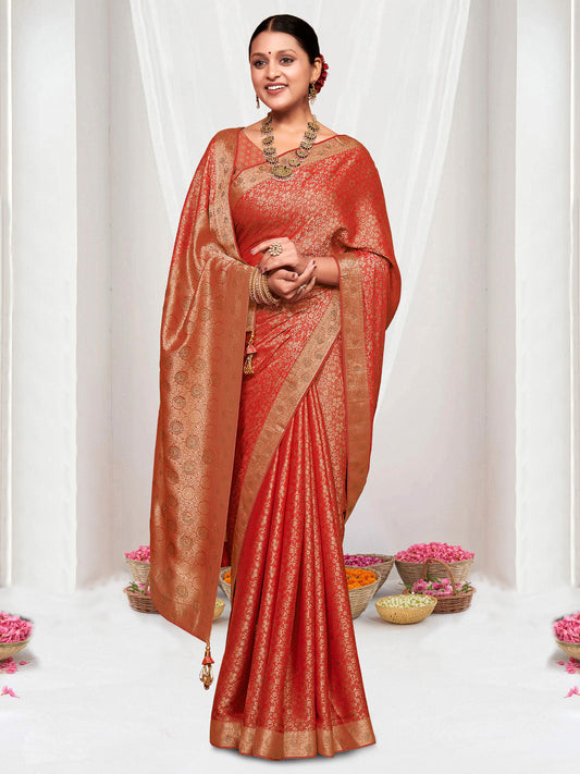 Women's Pure Silk Orange Woven Design Designer Saree With Blouse Piece