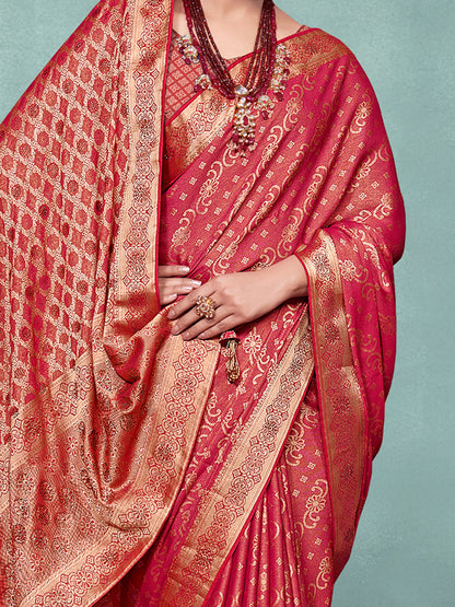 Women's Pure Silk Red Woven Design Designer Saree With Blouse Piece