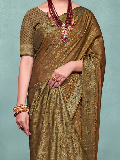 Women's Pure Silk Camel Brown Woven Design Designer Saree With Blouse Piece