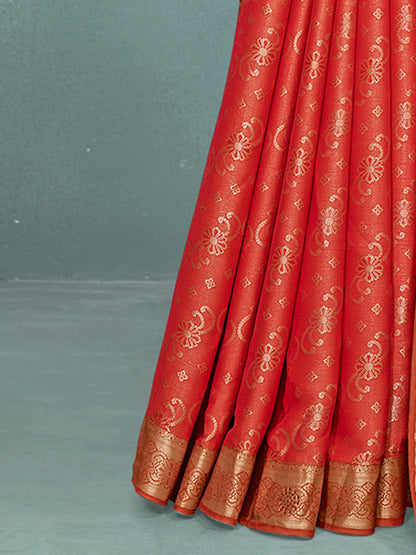Women's Pure Silk Orange Woven Design Designer Saree With Blouse Piece