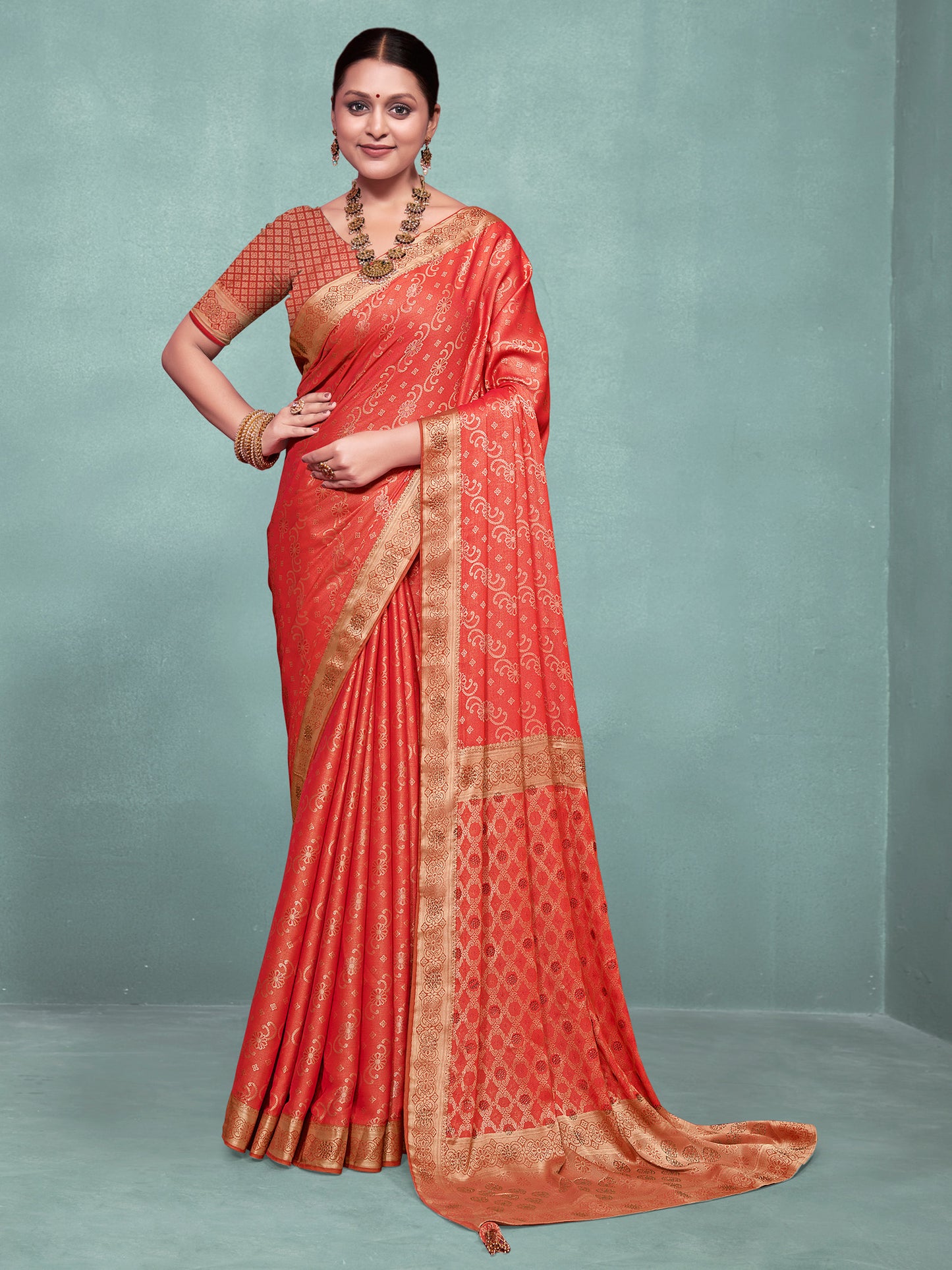 Women's Pure Silk Orange Woven Design Designer Saree With Blouse Piece