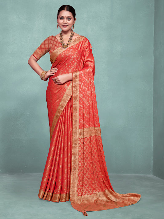 Women's Pure Silk Orange Woven Design Designer Saree With Blouse Piece