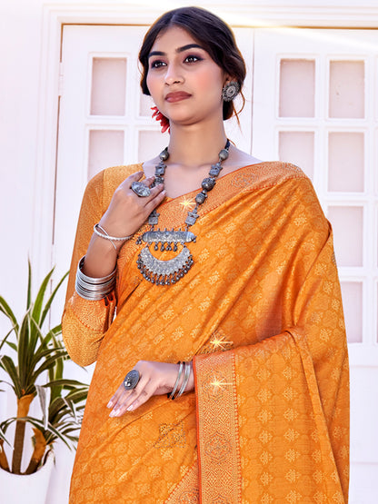 Women's Pure Silk Orange Woven Design Designer Saree With Blouse Piece