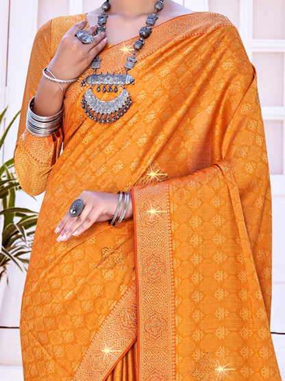 Women's Pure Silk Orange Woven Design Designer Saree With Blouse Piece