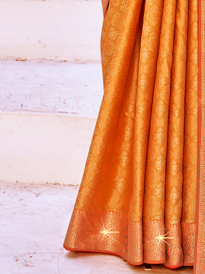 Women's Pure Silk Orange Woven Design Designer Saree With Blouse Piece