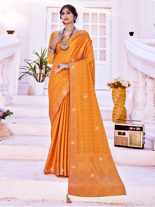 Women's Pure Silk Orange Woven Design Designer Saree With Blouse Piece