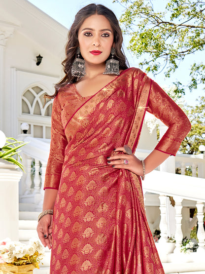 Women's Pure Silk Pink Woven Design Designer Saree With Blouse Piece