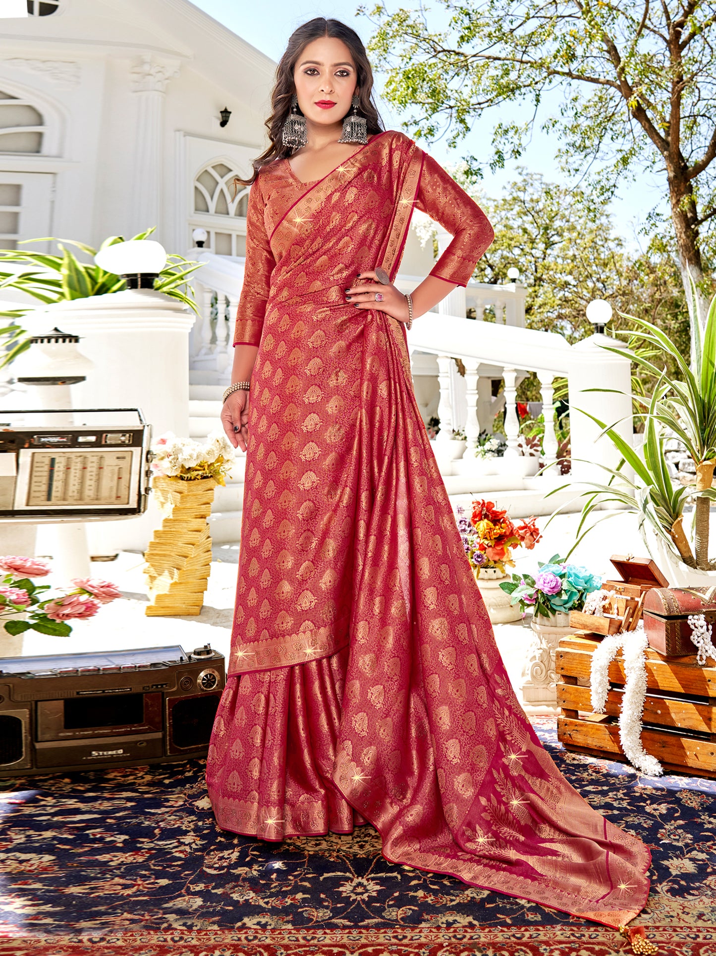 Women's Pure Silk Pink Woven Design Designer Saree With Blouse Piece