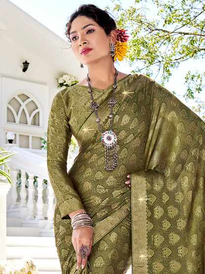 Women's Pure Silk Olive Woven Design Designer Saree With Blouse Piece
