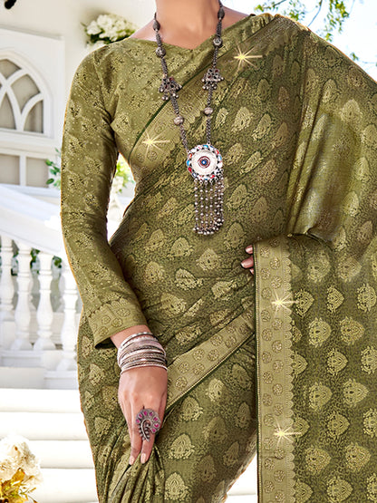 Women's Pure Silk Olive Woven Design Designer Saree With Blouse Piece
