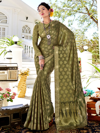Women's Pure Silk Olive Woven Design Designer Saree With Blouse Piece