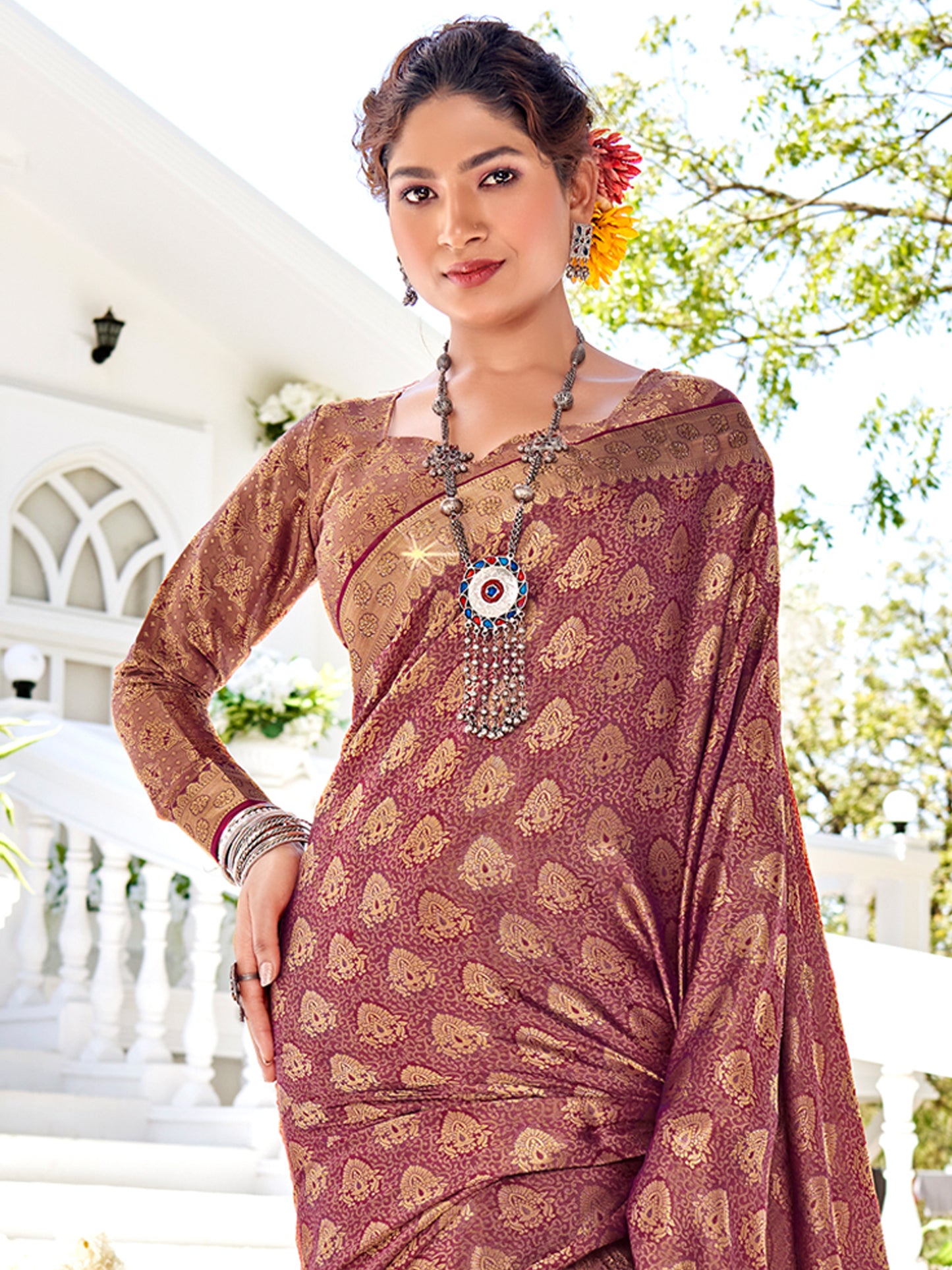 Women's Pure Silk Burgundy Woven Design Designer Saree With Blouse Piece