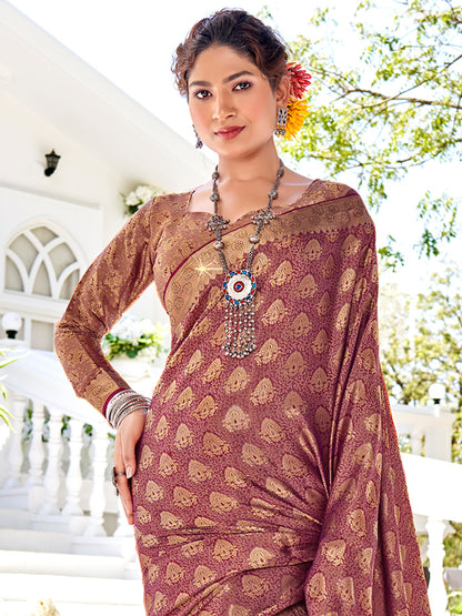 Women's Pure Silk Burgundy Woven Design Designer Saree With Blouse Piece
