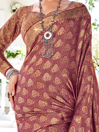 Women's Pure Silk Burgundy Woven Design Designer Saree With Blouse Piece