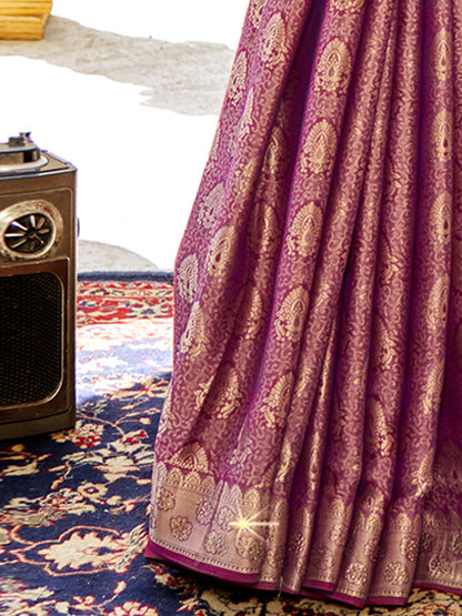 Women's Pure Silk Burgundy Woven Design Designer Saree With Blouse Piece