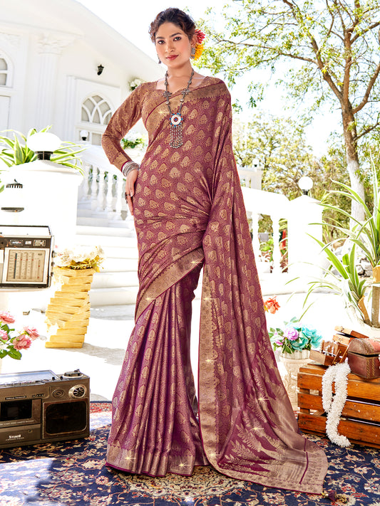 Women's Pure Silk Burgundy Woven Design Designer Saree With Blouse Piece