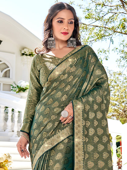 Women's Pure Silk Green Woven Design Designer Saree With Blouse Piece