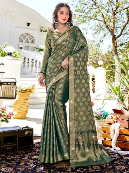 Women's Pure Silk Green Woven Design Designer Saree With Blouse Piece