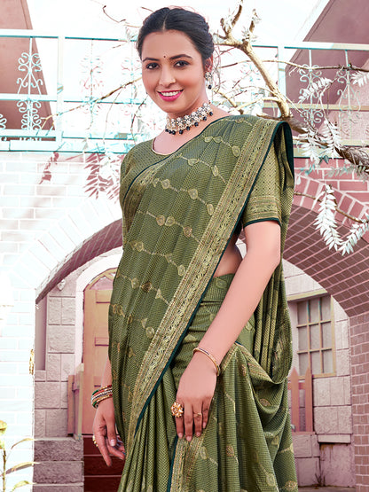 Women's Pure Silk Green Woven Design Designer Saree With Blouse Piece