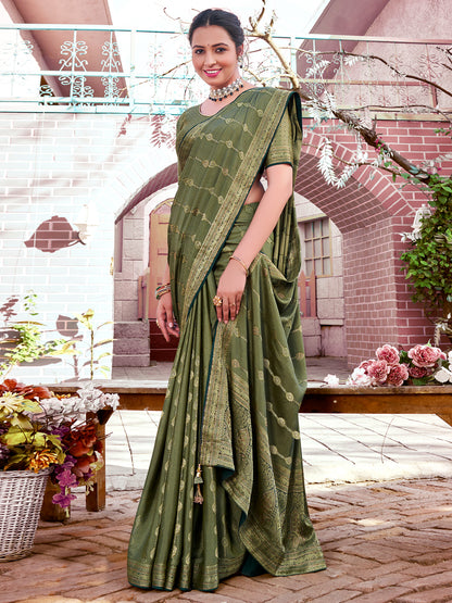 Women's Pure Silk Green Woven Design Designer Saree With Blouse Piece