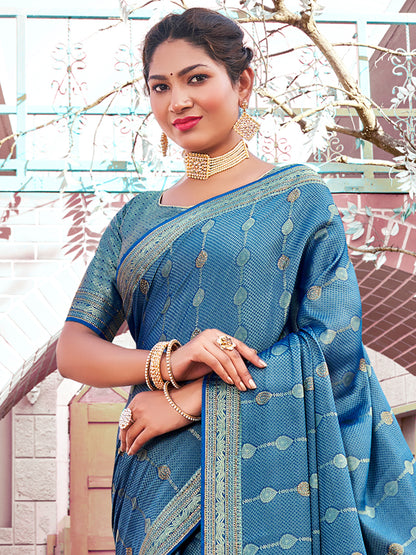 Women's Pure Silk Blue Woven Design Designer Saree With Blouse Piece