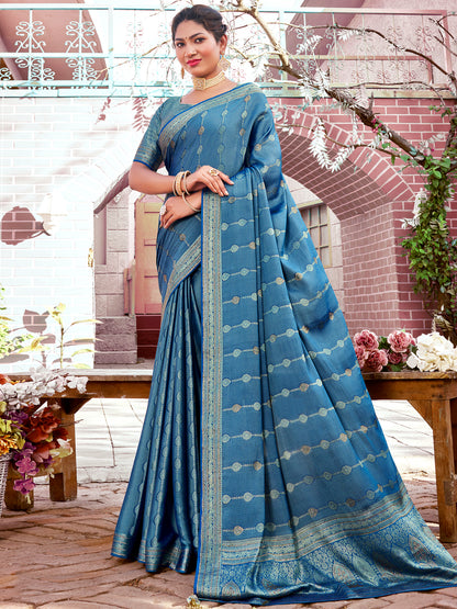 Women's Pure Silk Blue Woven Design Designer Saree With Blouse Piece