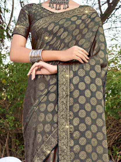 Women's Pure Silk Navy Blue Woven Design Designer Saree With Blouse Piece