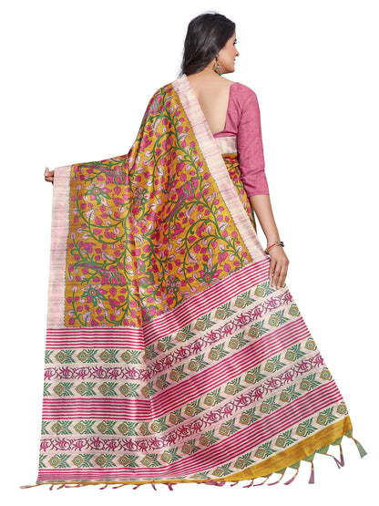 Women's Manipuri Silk Yellow Digital Print Designer Saree With Blouse Piece