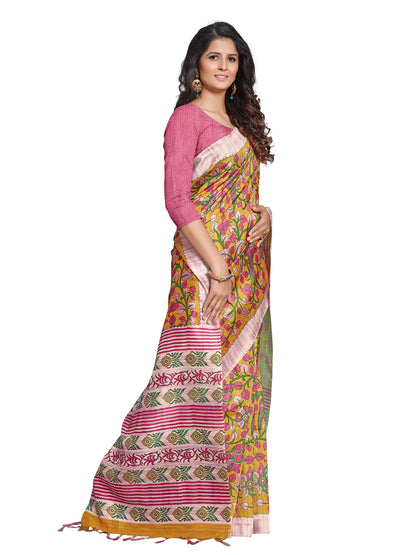 Women's Manipuri Silk Yellow Digital Print Designer Saree With Blouse Piece