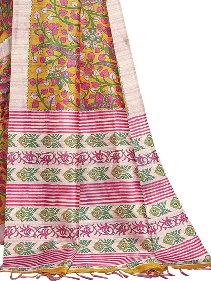 Women's Manipuri Silk Yellow Digital Print Designer Saree With Blouse Piece