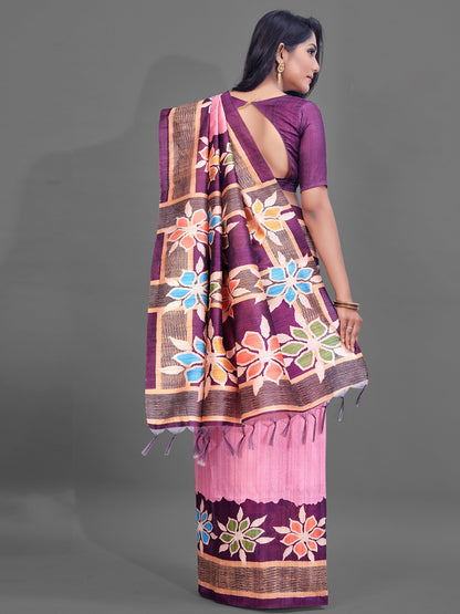 Women's Manipuri Silk Pink Digital Print Designer Saree With Blouse Piece