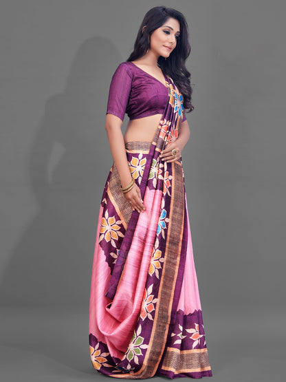 Women's Manipuri Silk Pink Digital Print Designer Saree With Blouse Piece