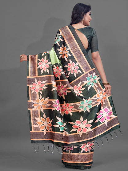 Women's Manipuri Silk Green Digital Print Designer Saree With Blouse Piece