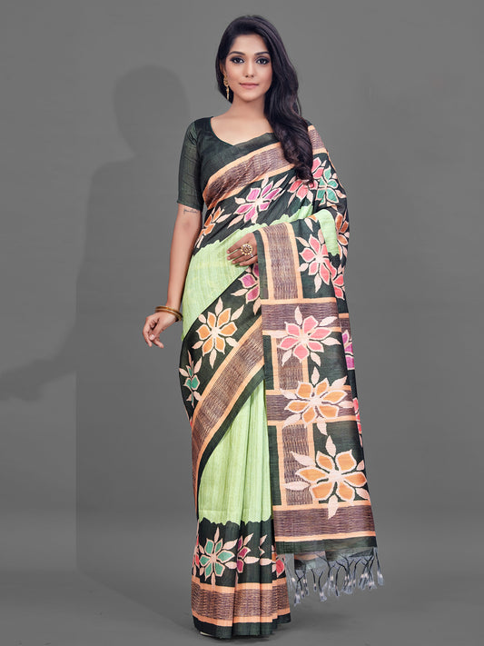 Women's Manipuri Silk Green Digital Print Designer Saree With Blouse Piece