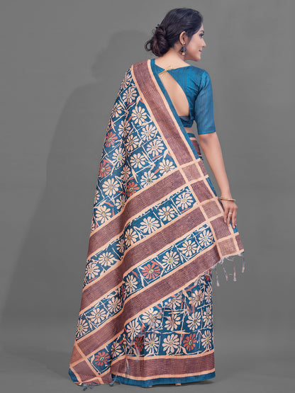Women's Manipuri Silk Blue Digital Print Designer Saree With Blouse Piece