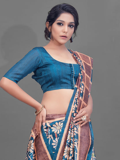 Women's Manipuri Silk Blue Digital Print Designer Saree With Blouse Piece