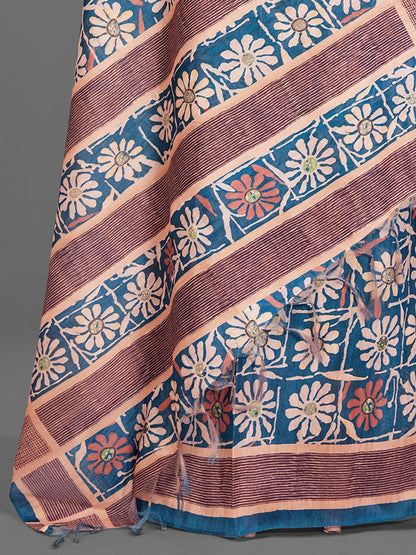 Women's Manipuri Silk Blue Digital Print Designer Saree With Blouse Piece