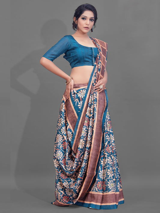 Women's Manipuri Silk Blue Digital Print Designer Saree With Blouse Piece