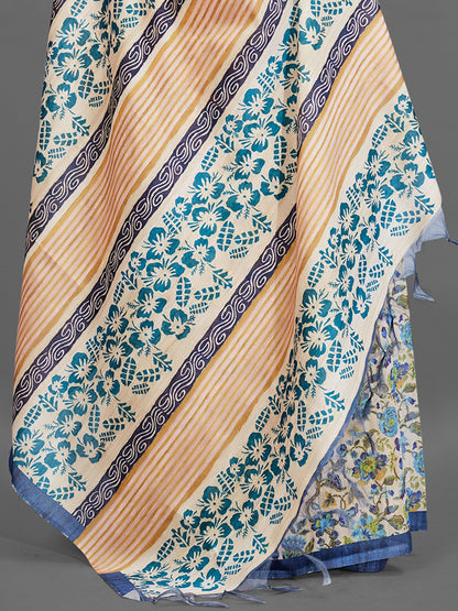Women's Manipuri Silk Cream Digital Print Designer Saree With Blouse Piece
