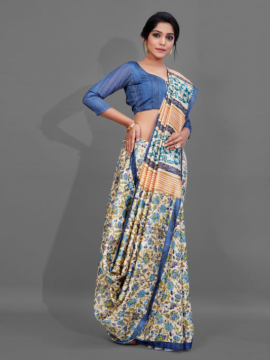 Women's Manipuri Silk Cream Digital Print Designer Saree With Blouse Piece