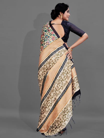 Women's Manipuri Silk Cream Digital Print Designer Saree With Blouse Piece