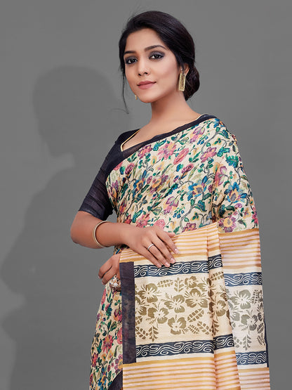 Women's Manipuri Silk Cream Digital Print Designer Saree With Blouse Piece