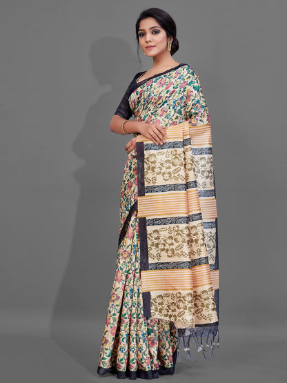 Women's Manipuri Silk Cream Digital Print Designer Saree With Blouse Piece