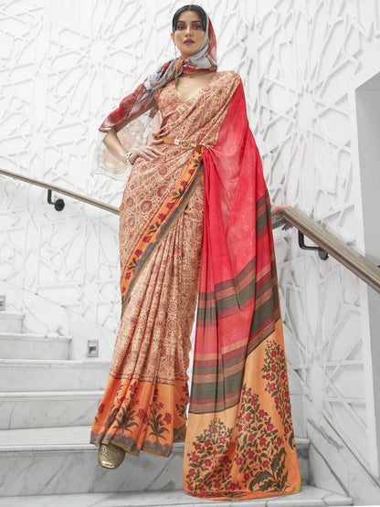 Women's Crepe Beige Digital Print Celebrity Saree With Blouse Piece