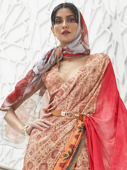 Women's Crepe Beige Digital Print Celebrity Saree With Blouse Piece