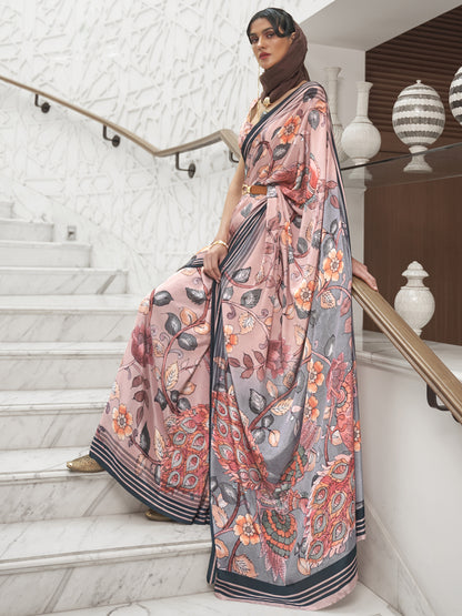 Women's Crepe Peach Digital Print Celebrity Saree With Blouse Piece