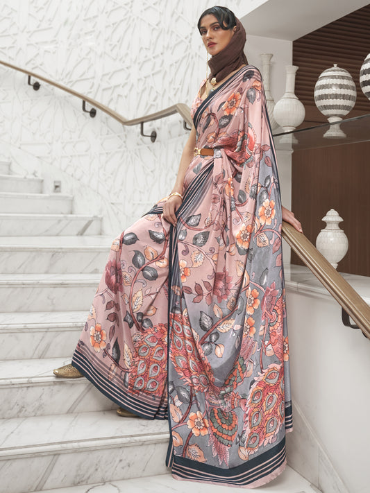 Women's Crepe Peach Digital Print Celebrity Saree With Blouse Piece