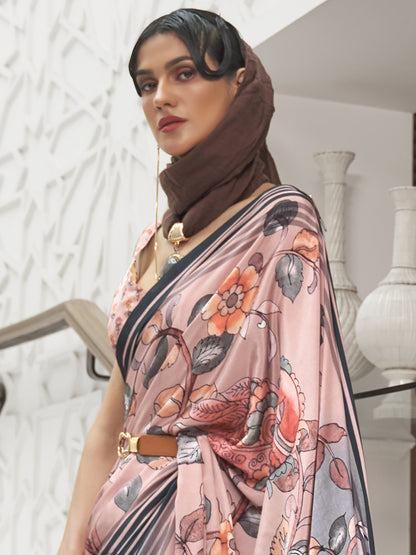 Women's Crepe Peach Digital Print Celebrity Saree With Blouse Piece