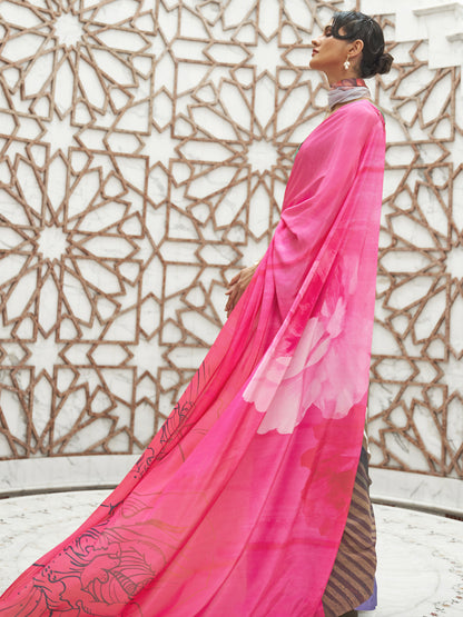 Women's Crepe Pink Digital Print Celebrity Saree With Blouse Piece